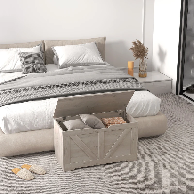 HOMCOM 31.5 Inches Storage Chest, Storage Trunk with 2 Safety Hinges, Wooden Box for Living Room, Grey Wood Grain