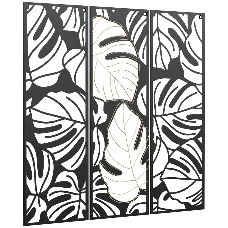 HOMCOM Metal Wall Art Abstract Line Fir Leaves Set of 3 Hanging Wall Sculpture Home Decor for Living Room Bedroom Kitchen 12"x36", Black Gold