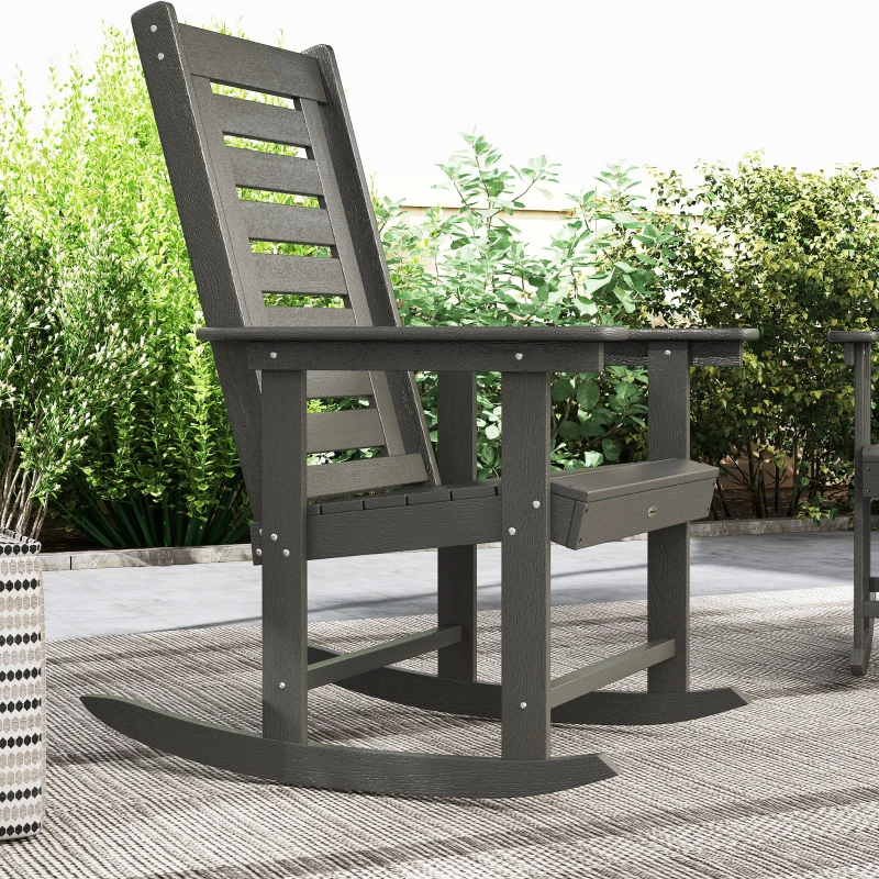 Outsunny 2 Pieces Outdoor Rocking Chairs, HDPE Patio Rockers with 28" High Back, Wide Armrests for Porch Backyard, Dark Gray