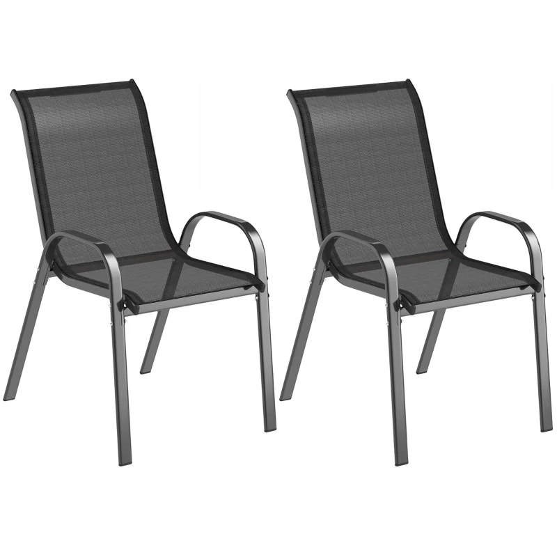 Outsunny Set of 2 Outdoor Dining Chairs, Stackable Lawn Chairs with High Back, Breathable Mesh Seat for Garden Porch, Black