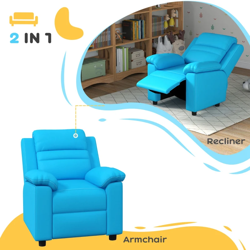 Qaba Kids Leather Recliner Chair with Armrest, Footrest, Headrest for Boys and Girls 3-9 Years Old, Blue