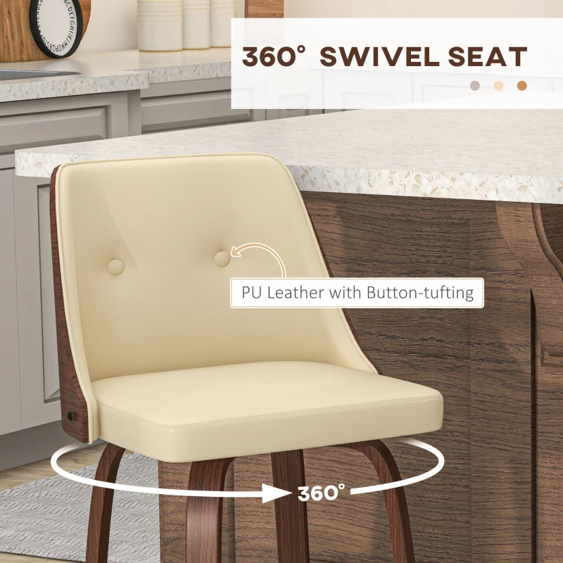 HOMCOM Bar Height Bar Stools Set of 2 PU Leather Upholstered Swivel Barstools with Solid Wood Legs Footrest and Tufted Back, Beige