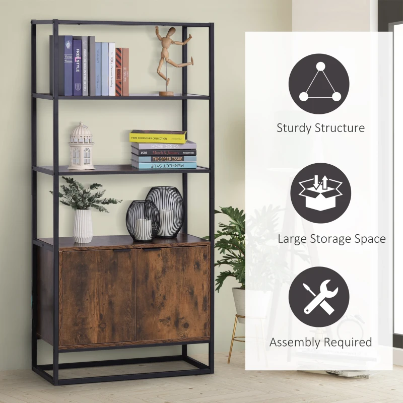 HOMCOM Bookcase with Cabinet, 3-Tiers Bookshelf for Storage, Tall Organizer Multifunctional Rack for Living Room Home Office, Brown