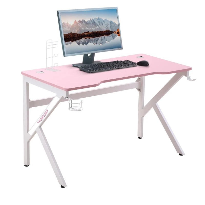 HOMCOM 47 inch Gaming Desk, Racing Style Computer Table, Home Office Workstation with Rotatable Cup Holder, Headphone Hook, Gamepad Stand, Wire Port, Pink