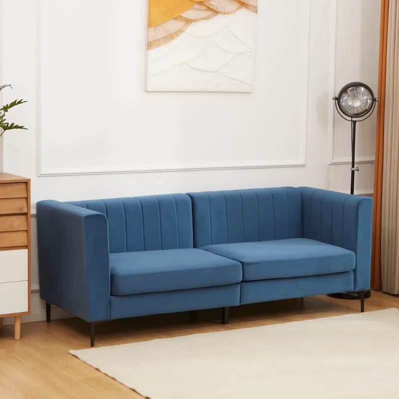 HOMCOM Modern 3-Seater Sofa, 78" Channel Tufted Sofa Couch with Velvet Fabric Upholstery, Steel Legs and Bed Slats for Living Room, Bedroom and Flat, Blue