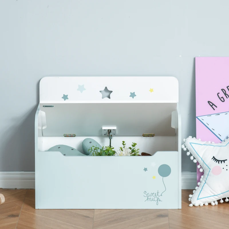 Qaba Kids Wooden Toy Storage Box Organizer Chest 2 in 1 Design with Gas Stay Bar 23.5" x 11.75" x 19.75" Light Blue