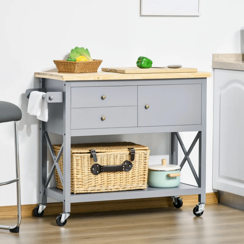 HOMCOM Rolling Kitchen Island Cart, Utility Trolley Cart with Rubberwood Top Storage Cabinet, 2 Drawers, Towel Rack, Grey