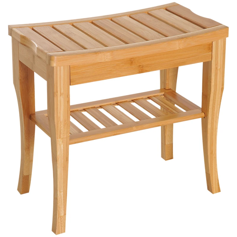 HOMCOM 20" Bamboo Shower Bench Bathroom Stool Spa Bath Seat Organizer Storage Shelf