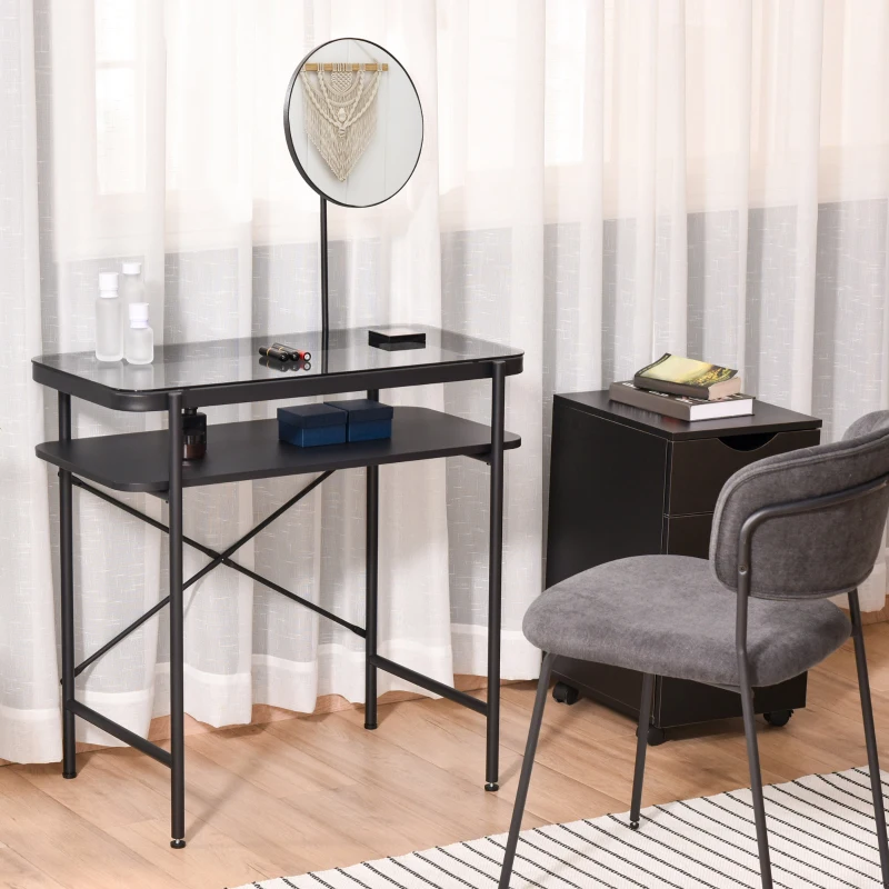 HOMCOM Modern Glasstop Vanity Table with Mirror,  Makeup Dressing Table with Rotating Round Mirror, Shelves for Perfumes, Cosmetics, Lotions, Black