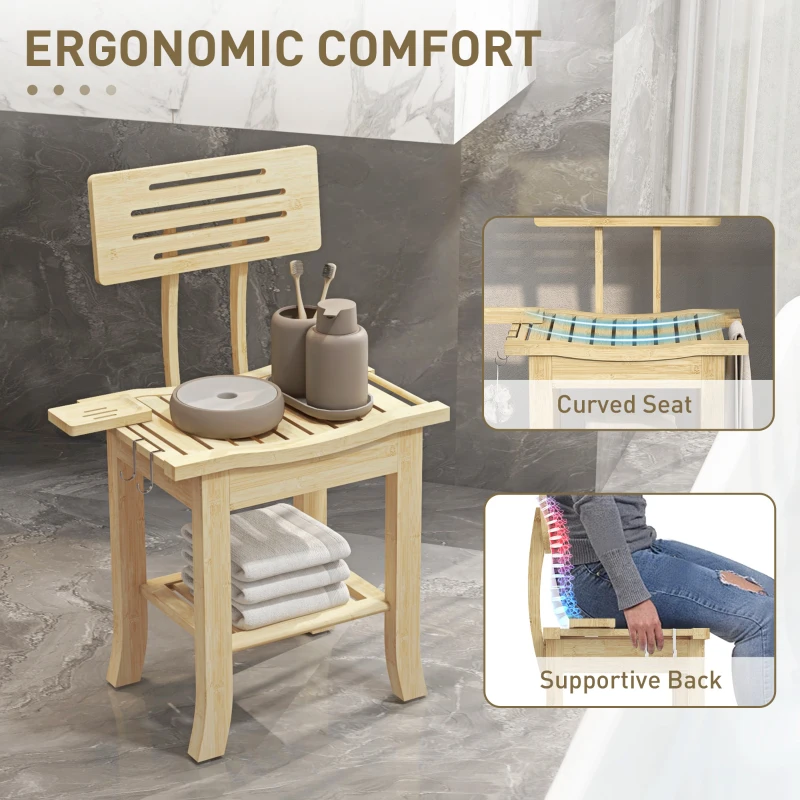 HOMCOM Bathroom Bench with Back, Bamboo Shower Bench with Towel Rack, Shower Head Holder and Soap Dish, Natural Wood