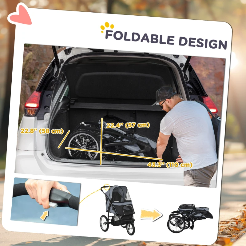 PawHut 3 Big Wheels Pet Stroller for Small, Medium Dogs, Cat Stroller Travel Folding Carrier with Adjustable Canopy, Black