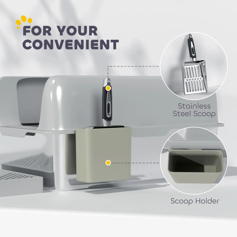 PawHut High Sided Stainless Steel Litter Box with Metal Scoop & Scoop Holder, for Easy Clean& Anti-Urine Leakage, Light Gray