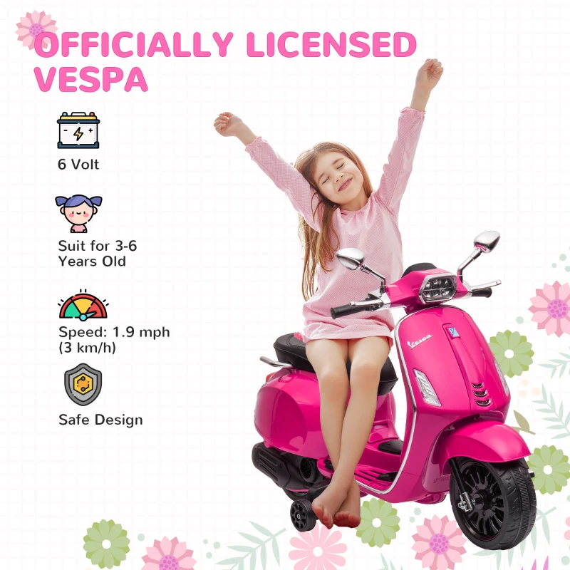 Qaba Vespa Licensed Kids Motorcycle 6V Toddler Motorcycle with Music, FM Radio, Headlight, Pink