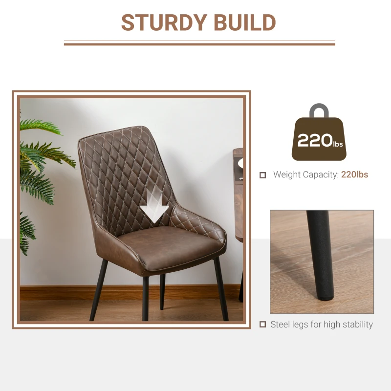 HOMCOM Retro Dining Chair Set of 2, PU Leather Upholstered Side Chairs for Kitchen Living Room with Metal Legs, Brown