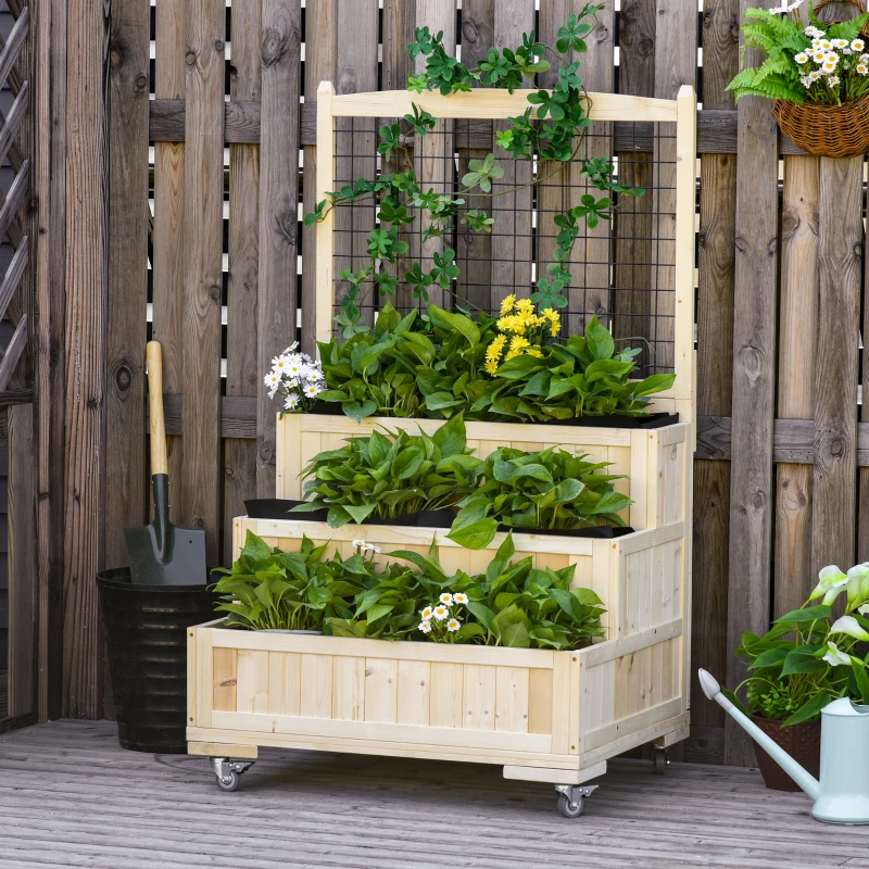 Outsunny 3-Tiers Raised Garden Bed with Trellis, 53" H Vertical Planter Box with Wheels & Back Storage Area, for Flowers, Vegetables, Herbs, Natural(m-2)