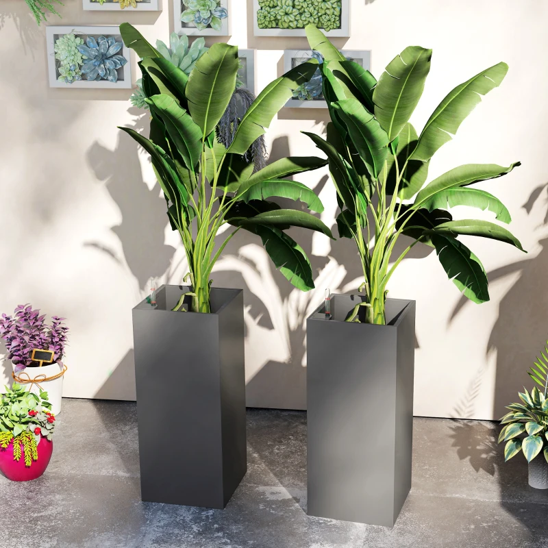 Outsunny 2 Pack Planter Box, 26 Inch Plastic Flower Pots with Water Level Indicator, Drainage Hole and Drain Plug, Dark Grey