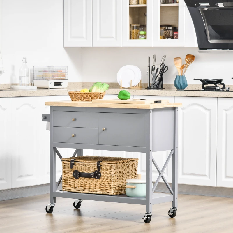 HOMCOM Rolling Kitchen Island Cart, Utility Trolley Cart with Rubberwood Top Storage Cabinet, 2 Drawers, Towel Rack, Grey