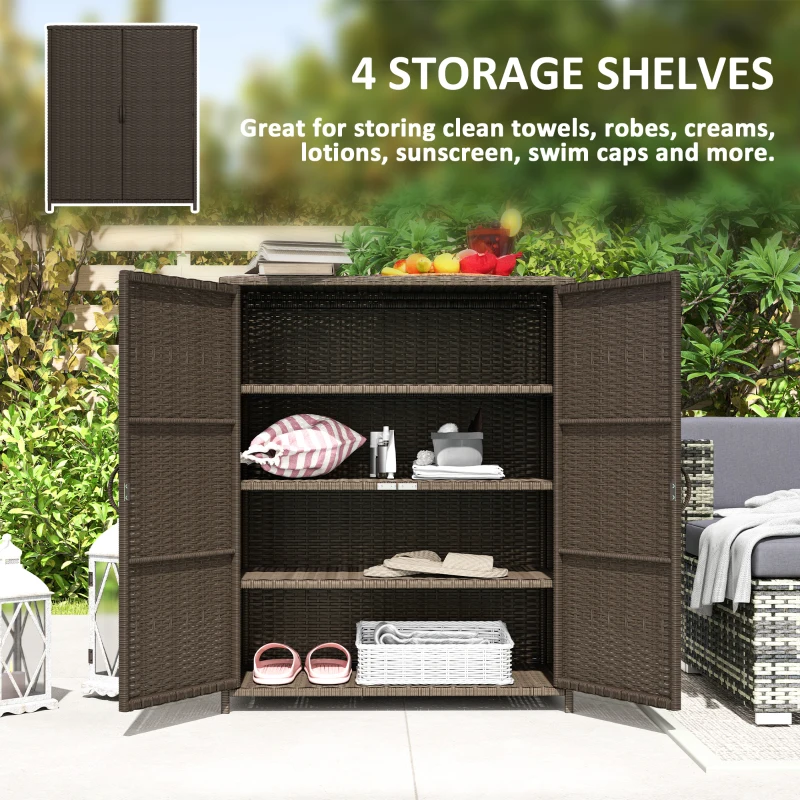 Outsunny Rattan Wicker Outdoor Storage Cabinet with 4 Shelves and 2 Doors for Garden Pool Towel Storage, Coffee