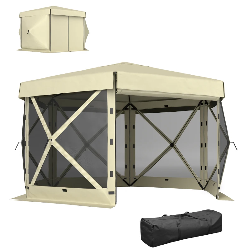Outsunny 12' x 12' Hexagonal Pop Up Gazebo Canopy Tent with 5 Sidewalls, Outdoor Canopy Shelter with Carry Bag, Beige