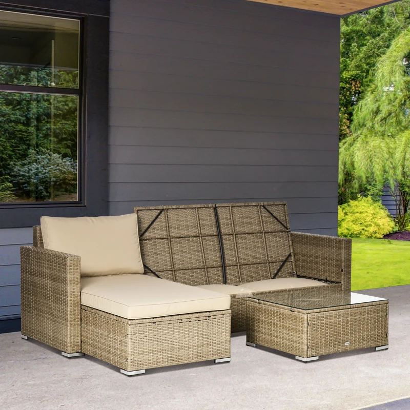Outsunny 3 Piece Sectional Patio Furniture Set, Outdoor Wicker Rattan Sofa Couch with Table, Storage, 52.75"x30"x29.5", Khaki
