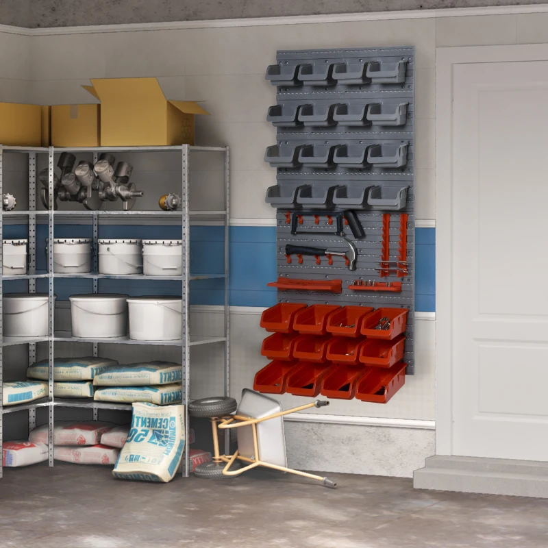 DURHAND 44 PCS Wall Mounted Pegboard Tool Organizer Rack Kit with Various Sized Storage Bins, Pegboard and Hooks, Red