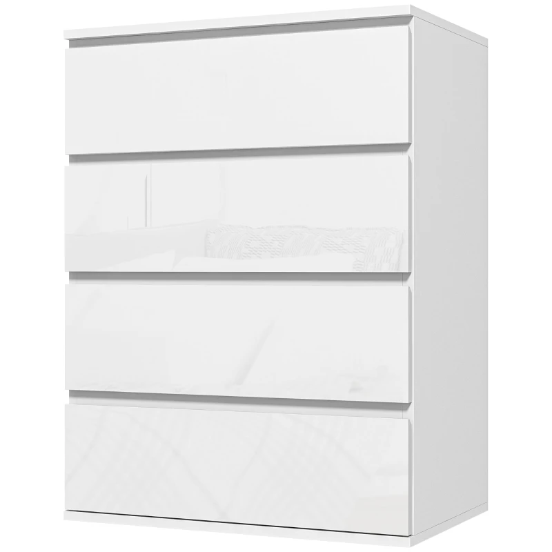 HOMCOM 4 Drawer Cabinet, High Gloss Drawer Chest for Bedroom, Chest of Drawers with Metal Runners and Groove Handles, White
