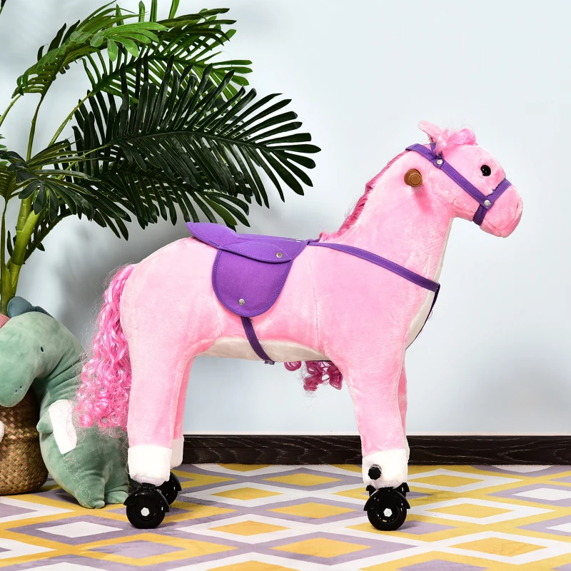 Qaba Kids Plush Ride On Toy Walking Horse with Wheels and Realistic Sounds, 30"H, Pink