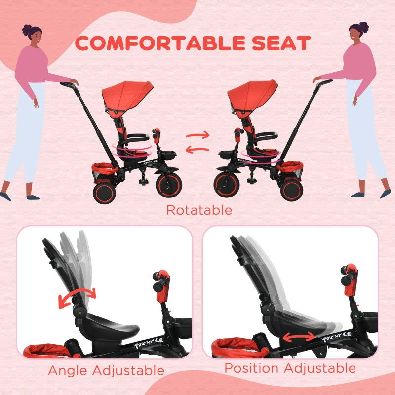 Aosom 6-in-1 Toddler Tricycle for 12-50 Months, Foldable Kids Trike with Adjustable Seat and Push Handle, Safety Harness, Removable Canopy, Footrest, Red