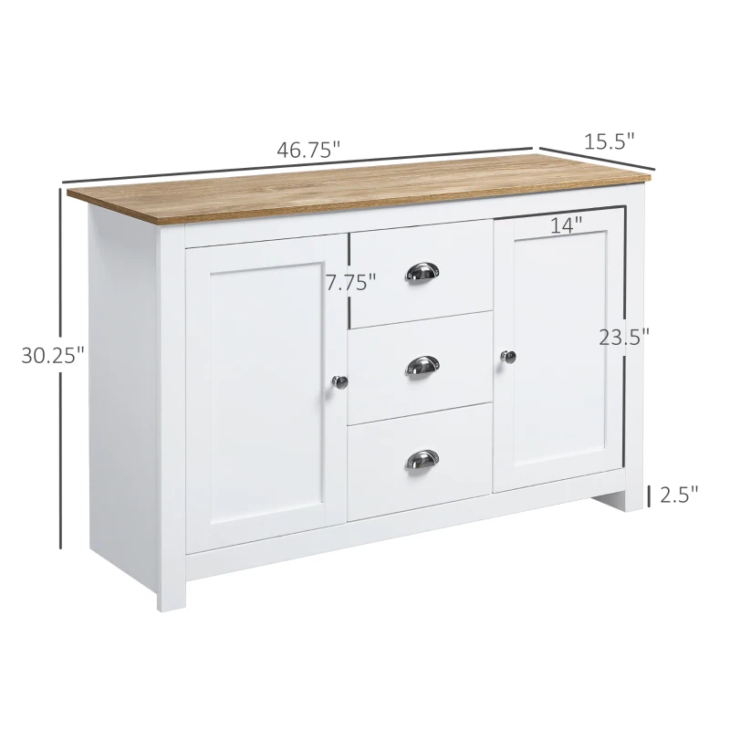 HOMCOM Kitchen Sideboard with Adjustable Shelves, Dining Buffet Cabinet with 3 Storage Drawers, White