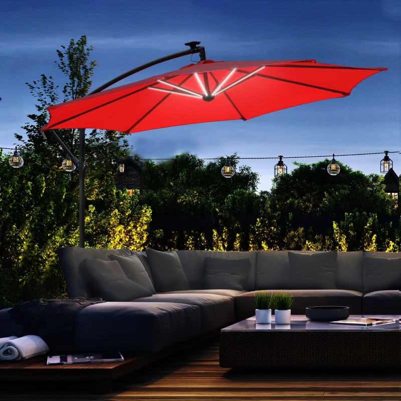 Outsunny 10ft Cantilever Solar Hanging Offset Umbrella Outdoor LED Lights Aluminum Market Banana Parasol Crank w/ Cross Base Garden Sun Shelter Red