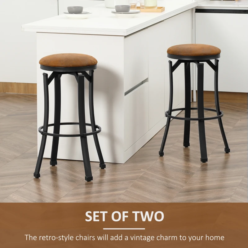 HOMCOM Bar Stools Set of 2, Vintage Swivel Barstools with Footrest, Microfiber Cloth Bar Chairs with Powder-coated Steel Legs for Kitchen and Dining Room, Brown