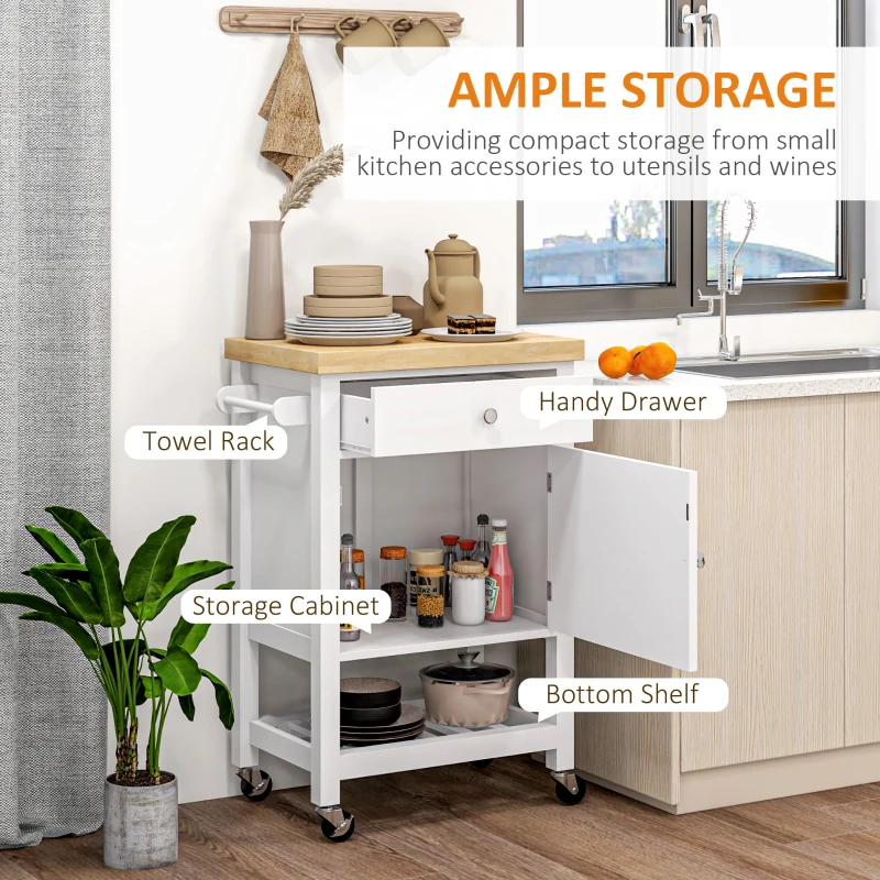 HOMCOM Kitchen Island on Wheels, Rolling Kitchen Cart with Rubberwood Top, Drawer, Wine Rack and Cabinet, White
