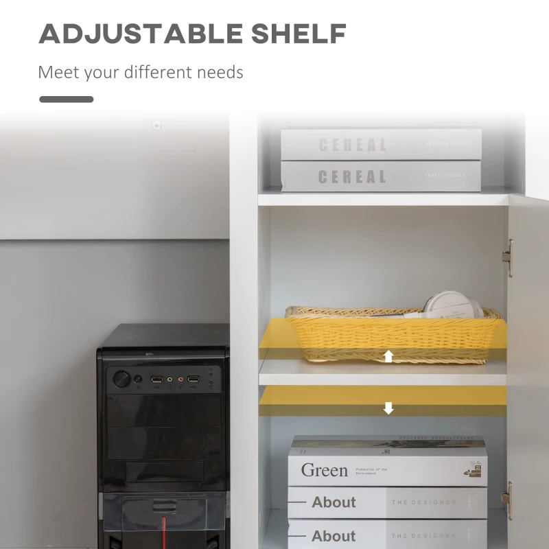 HOMCOM L-Shaped Computer Desk with Open Shelf and Storage Cabinet, Corner Writing Desk with Adjustable Shelf, White