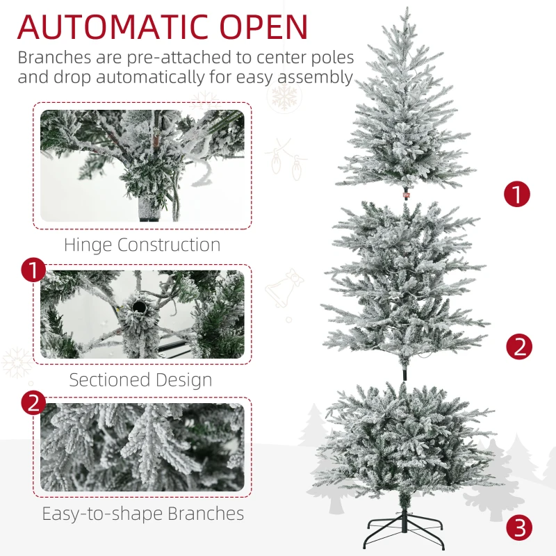 HOMCOM 7.5' Pre Lit Artificial Flocked Christmas Trees, with Snow Branches, Warm Yellow Clear Lights, Auto Open, Extra Bulb