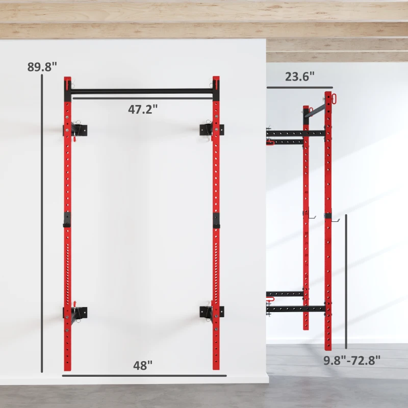 Soozier Folding Squat Rack with Pull Up Bar, Wall Mounted and Adjustable, 1000 Pounds Capacity Power Rack, Red