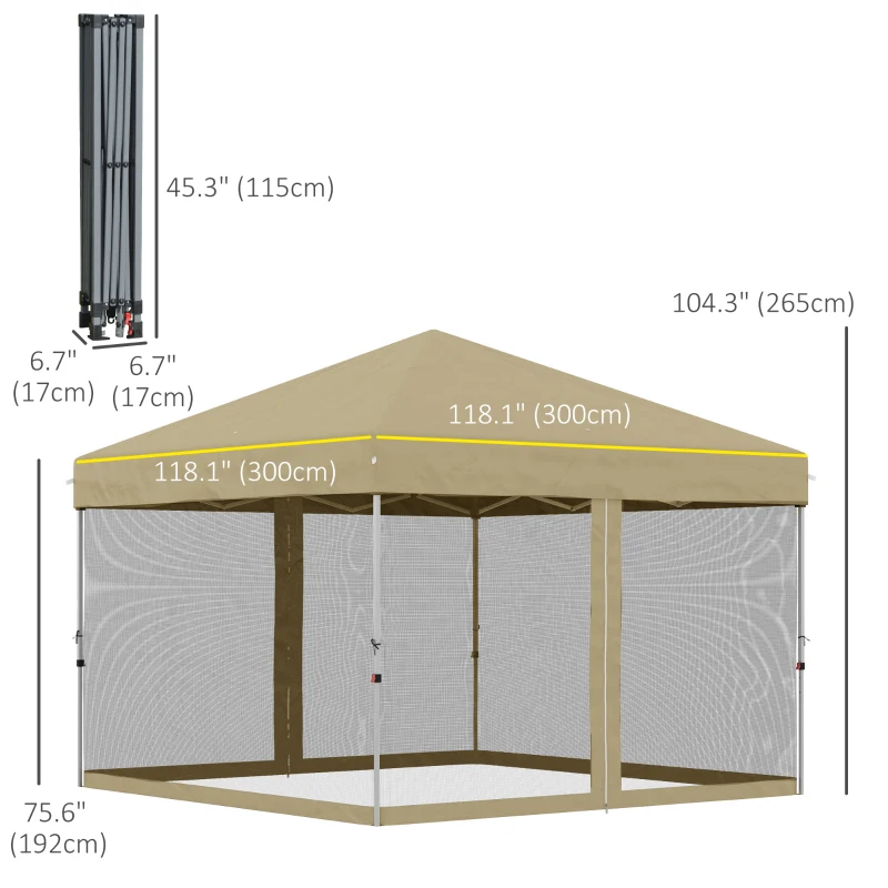 Outsunny 10' x 10' Pop-Up Party Tent Outdoor Canopy Tent with Mesh Sidewalls, 3-Level Adjustable Height, Roller Bag, Khaki