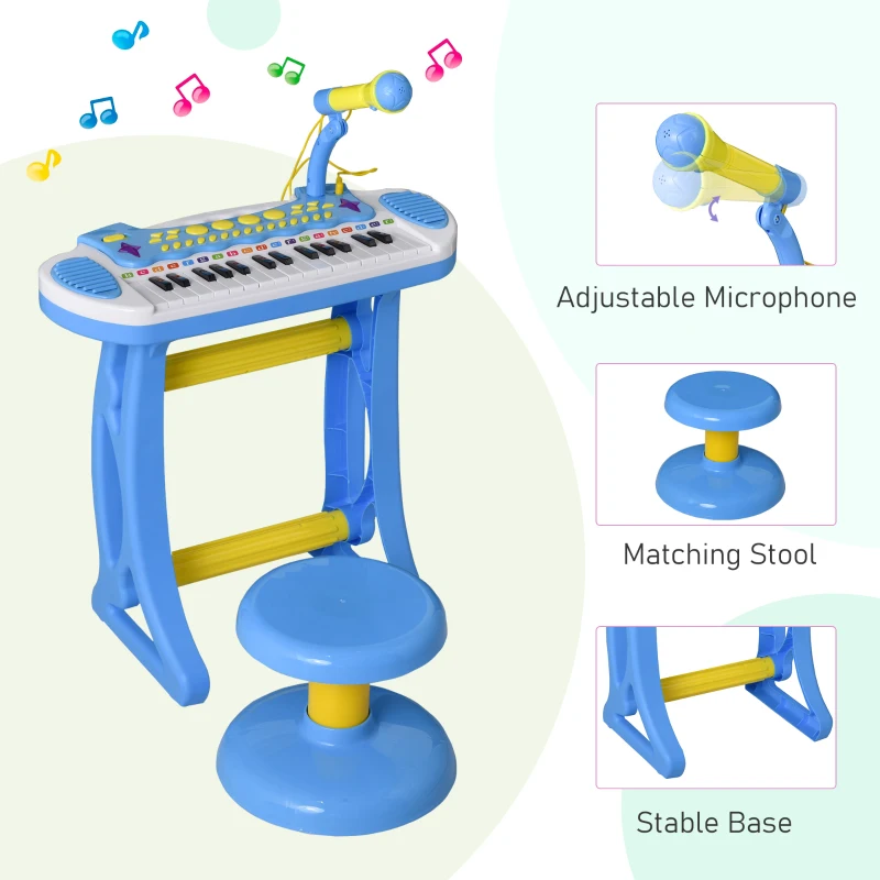 Qaba 31-Key Kids Toy Keyboard Piano, Electronic Musical Instrument with Multiple Sounds, Stool, Microphone and Bright Flashing Lights, Blue