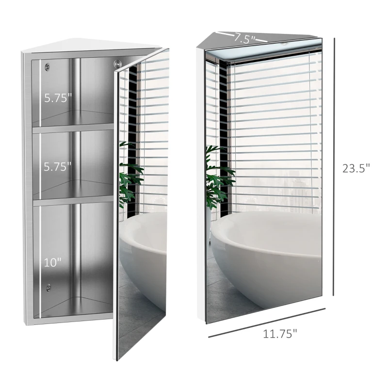 kleankin 12 Inch x 24 Inch Triangle Corner Mirror Medicine Cabinet Wall Mounted with Door 3 shelves, Multipurpose Storage Organizer for Bathroom