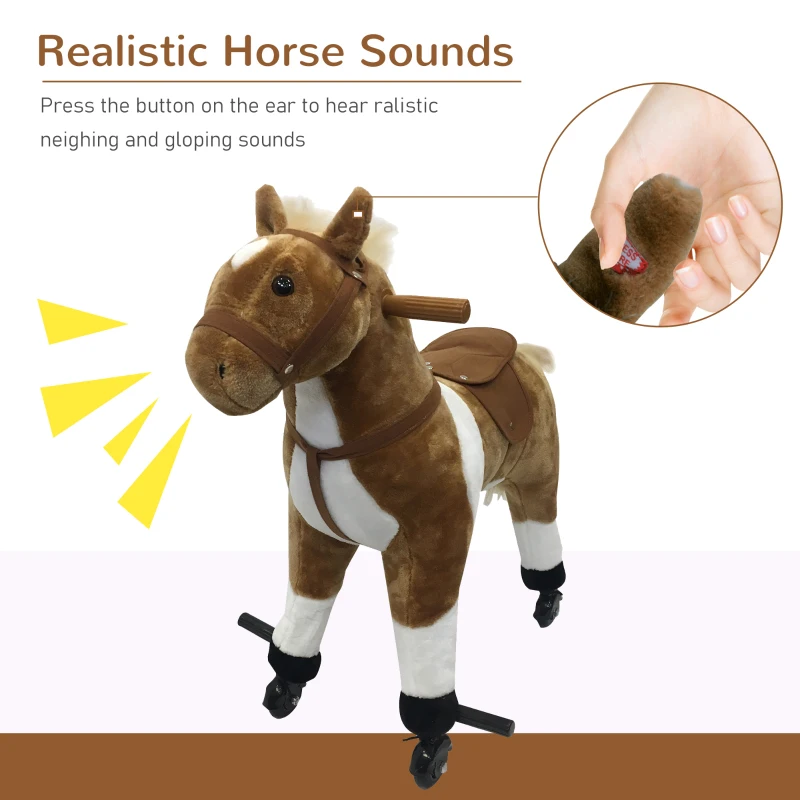 Qaba Kids Plush Ride On Toy Walking Horse with Wheels and Realistic Sounds, 30"H, Brown