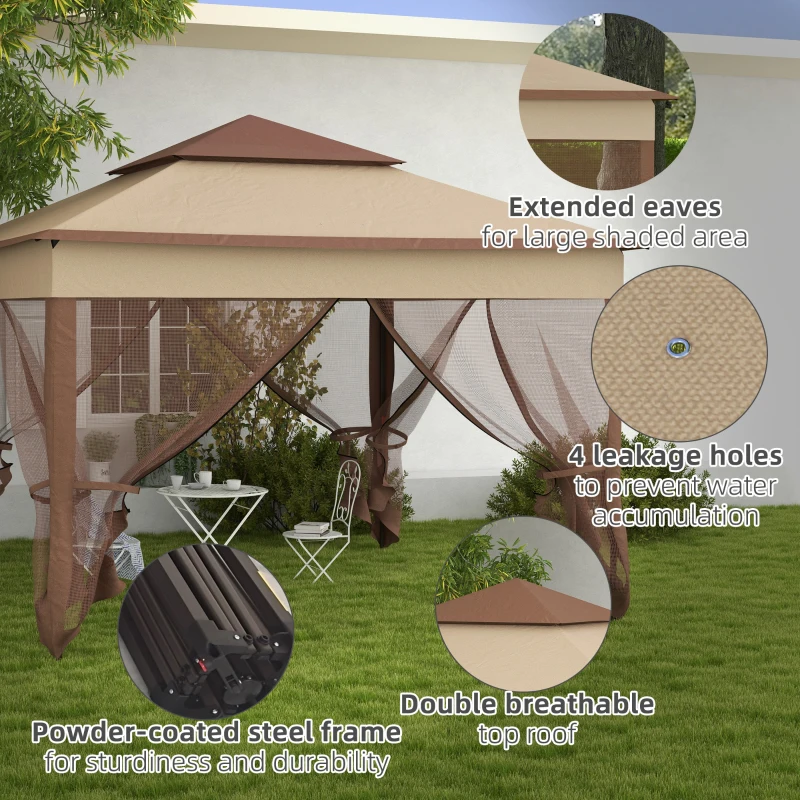 Outsunny Outdoor Patio Pop Up Canopy Gazebo Shelter with Zipper Netting, Carry Bag, 11' x 11', Khaki