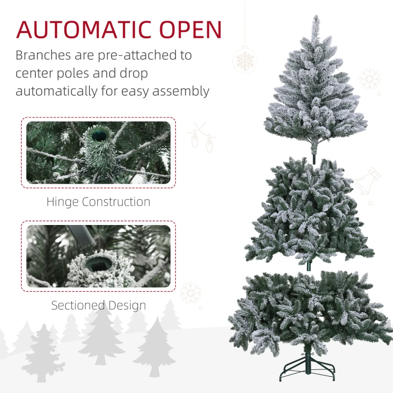 HOMCOM 7 Foot Artificial Flocked Christmas Tree with Snow, Metal Stand, Hinged Xmas Tree for Home Office Holiday