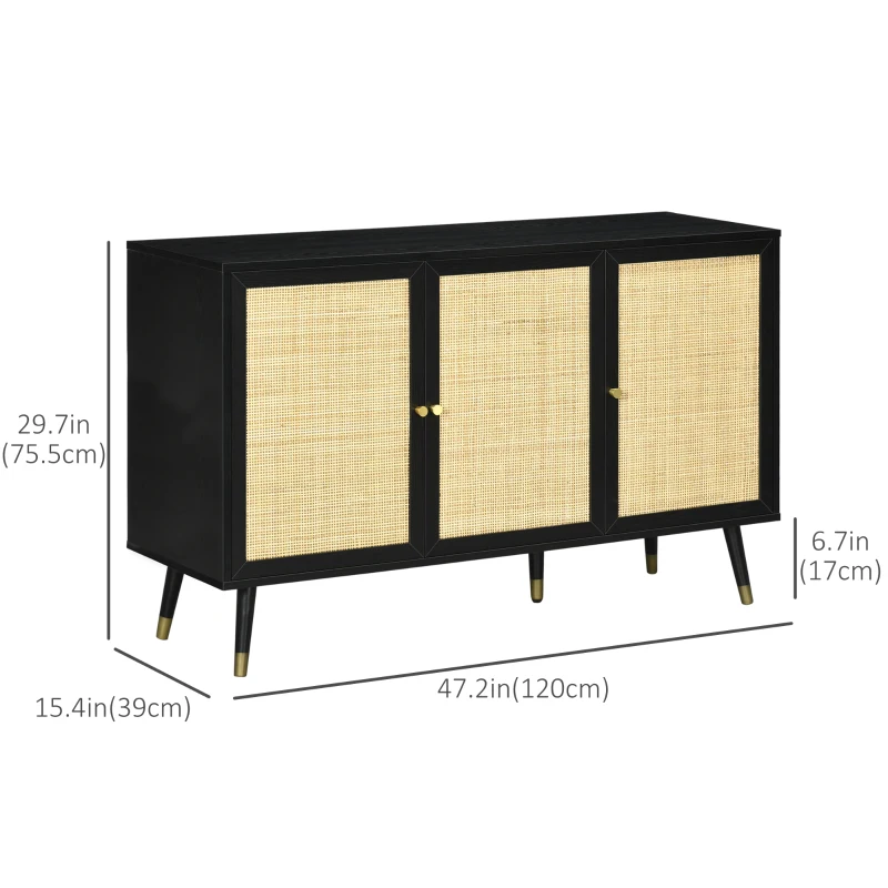 HOMCOM Kitchen Sideboard Cabinet, Boho Storage Cabinet with Shelves, Wood Legs, Decorative Rattan Doors, Black