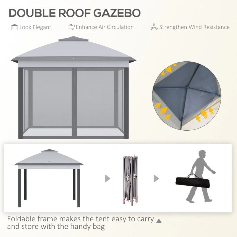 Outsunny 11' x 11' Pop Up Canopy, Double Roof Foldable Canopy Tent with Zipper Mesh Sidewalls, Height Adjustable and Carrying Bag, Event Tent for Patio Garden Backyard, Grey