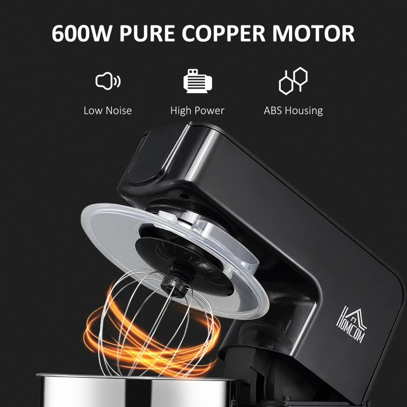 HOMCOM 6 Qt Stand Mixer with 6+1P Speed, 600W and Tilt Head, Kitchen Electric Mixer with Stainless Steel Beater, Dough Hook and Whisk for Baking Bread, Cakes and Cookies, Black