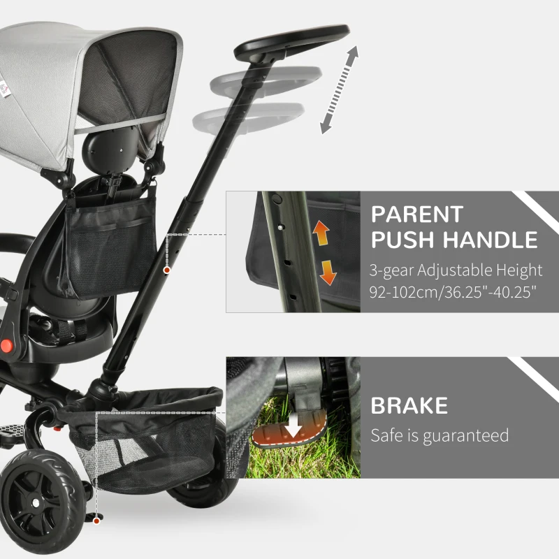 Qaba Tricycle for Toddler 4 in 1 Kids Trike with Reversible Adjustable Seat, Baby Push Bike with Removable Handle, Canopy, Belt Storage Brake Clutch for 1-5 Years, Grey