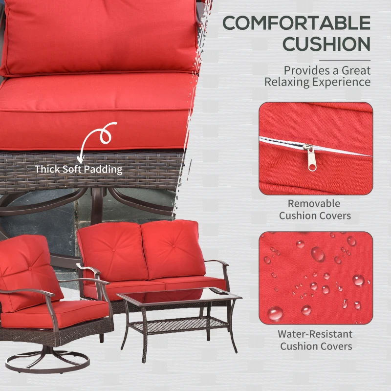 Outsunny 4 PCS Patio PE Rattan Wicker Sofa Set Outdoor Conversation Furniture w/ Two Tier Tea Table & Cushions, Red