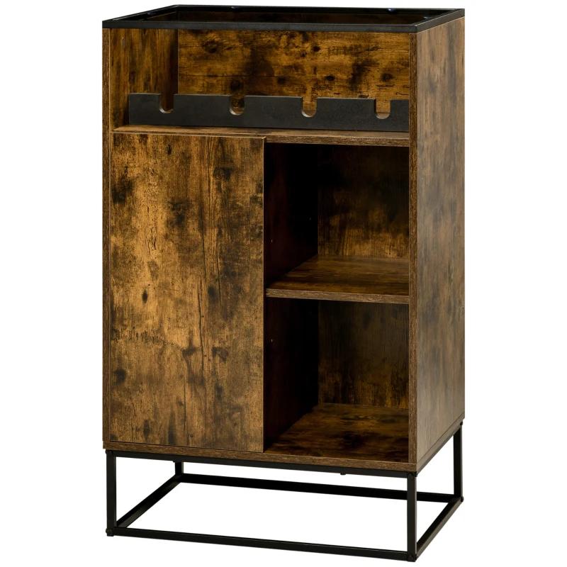 HOMCOM Industrial Wine Rack Cabinet for 4 Bottles, Liquor Cabinet with Tempered Glass Top, Adjustable Shelves for Home Bar, Dining Room, Rustic Brown