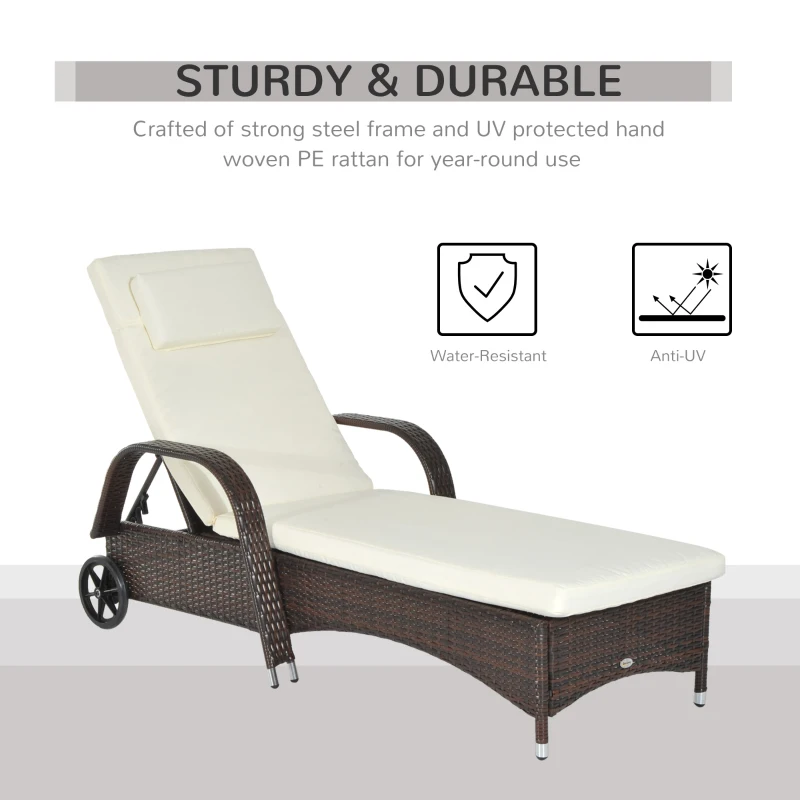 Outsunny Wicker Chaise Lounge, Outdoor Lounge Chair, PE Rattan Patio Sun lounger with Head-rest, 5-Level Height Adjust Backrest, Cushion & Wheels, Mixed Brown and Cream White