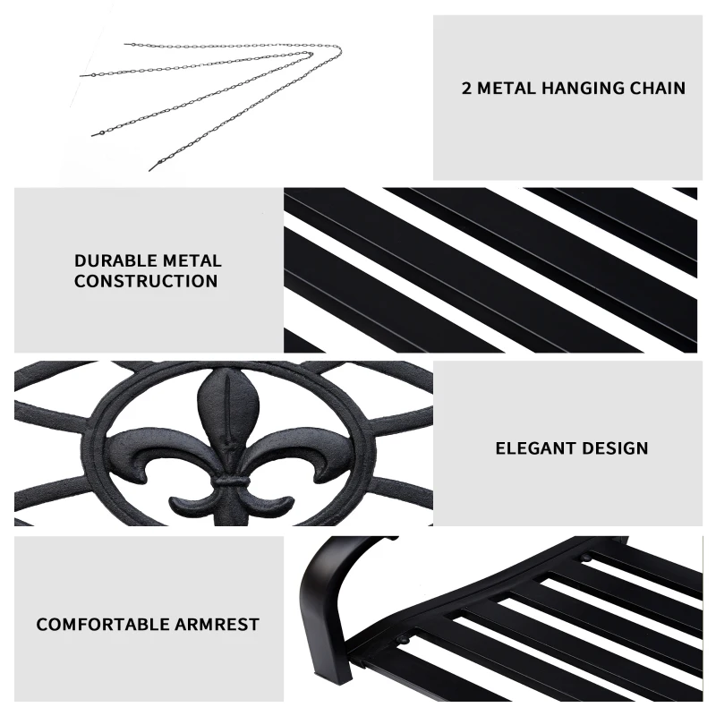 Outsunny 2-Person Porch Swing, Hanging Steel Patio Swing, Outdoor Swing Bench with Fleur-de-Lis Design for Garden Deck, 528 LBS Weight Capacity, Black