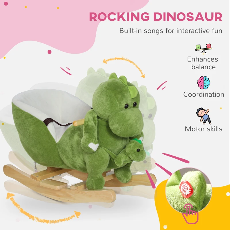 Qaba Rocking Horse, Ride on Dinosaur w/ Seat Belt, 32 Songs & Hand Puppet for 18-36 Months, Green
